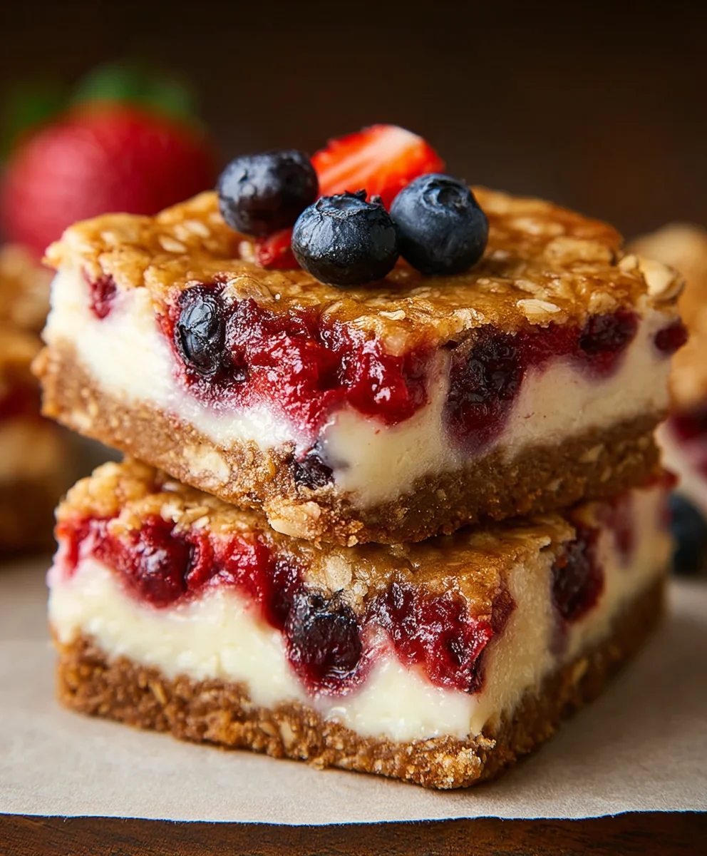 Berry Oatmeal Cheesecake Bars-Decadent Dessert