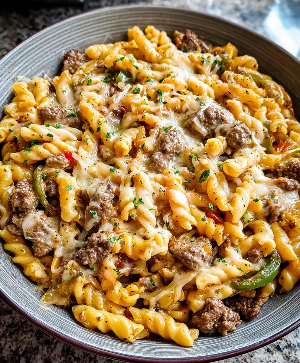 Philly Cheesesteak Pasta-Quick & Easy Beef Dinner