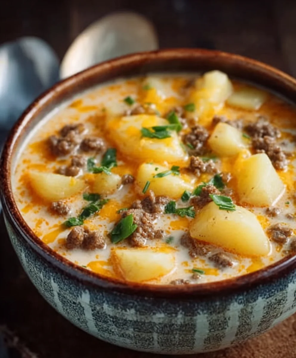 Cheesy Beef Beef Hamburger Potato Soup - Comforting & Delicious