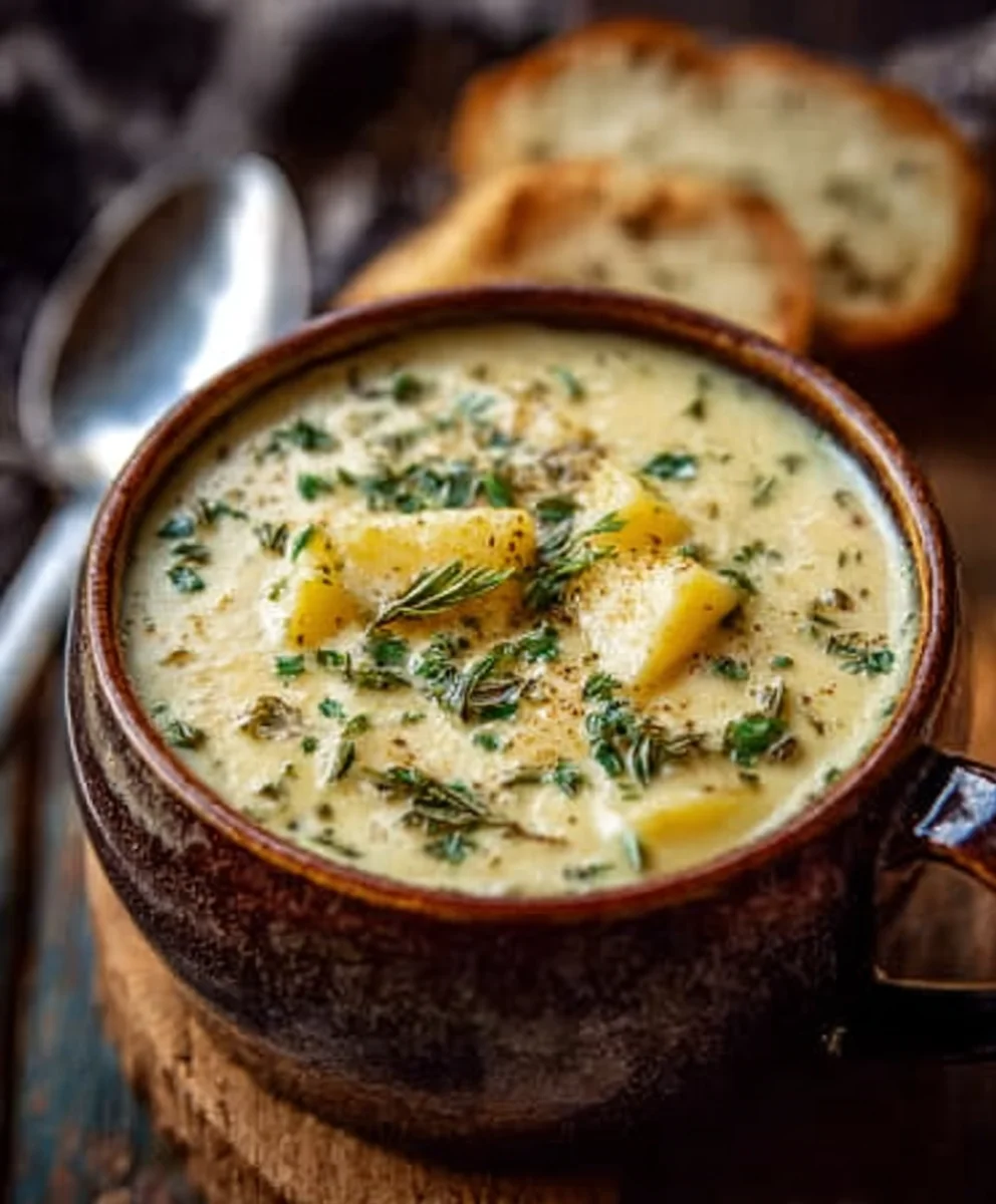 Hearty Cheddar Garlic Herb Potato Soup - Deliciously Easy