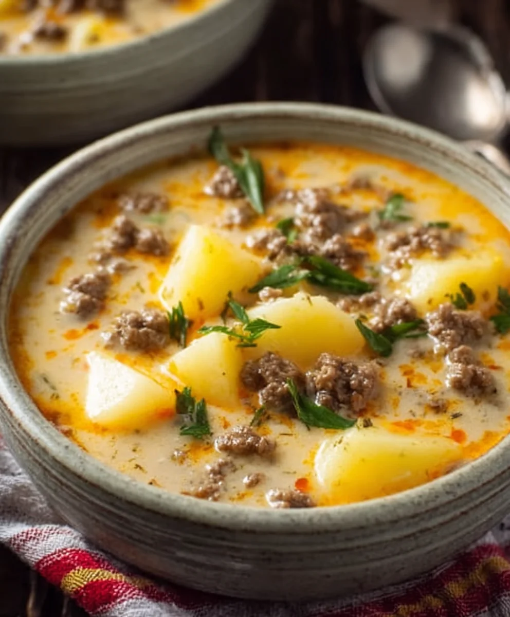 Cheesy Beef Beef Hamburger Potato Soup - Comforting & Delicious