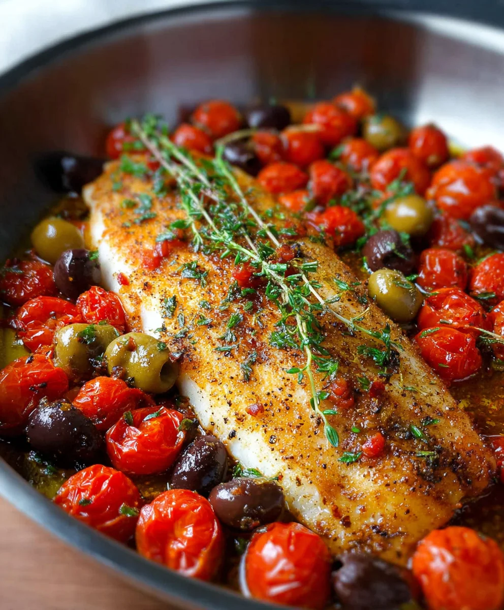 Easy Baked Fish Cherry Tomatoes Olives Recipe