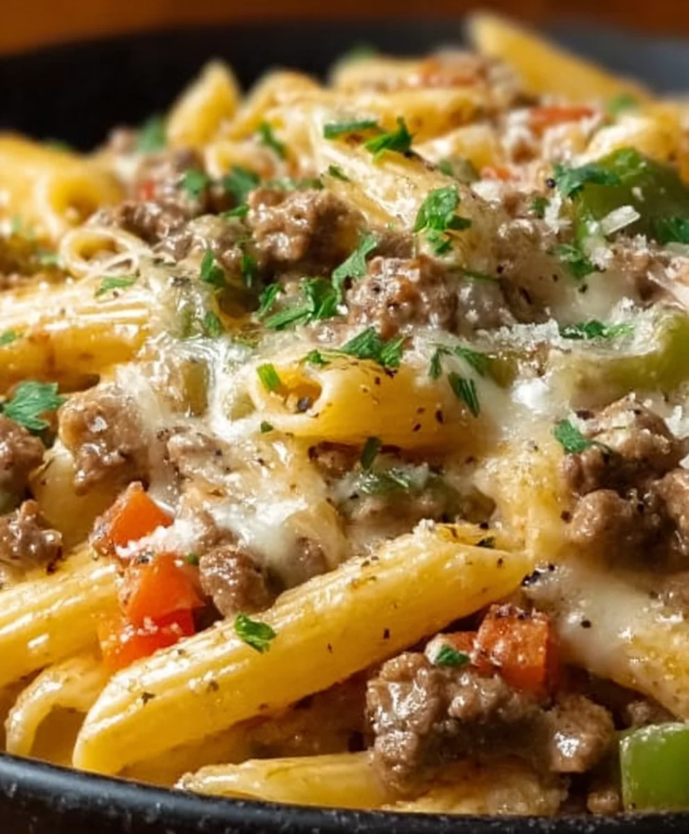 Philly Cheesesteak Pasta-Easy Beef and Cheesy Dinner