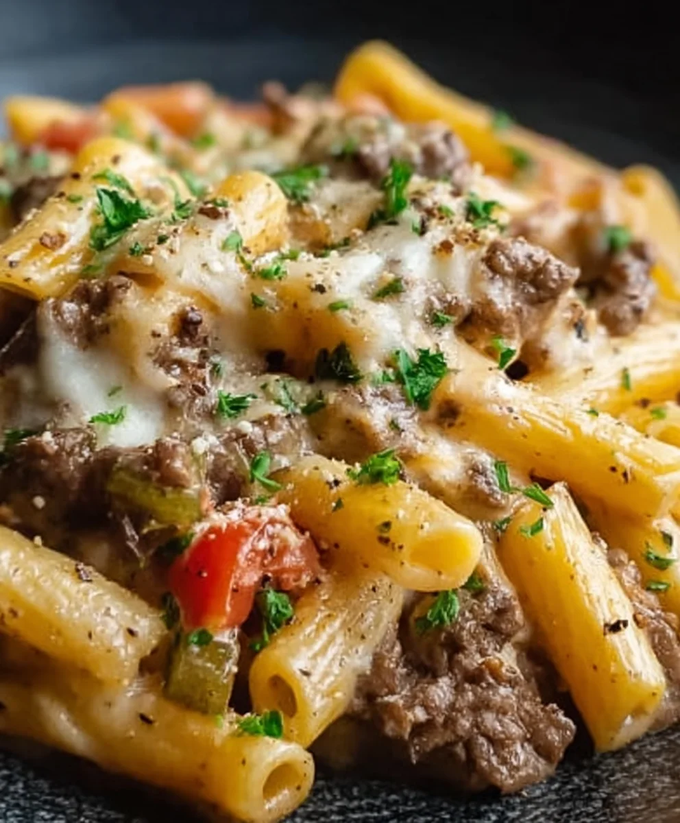 Philly Cheesesteak Pasta-Easy Beef and Cheesy Dinner