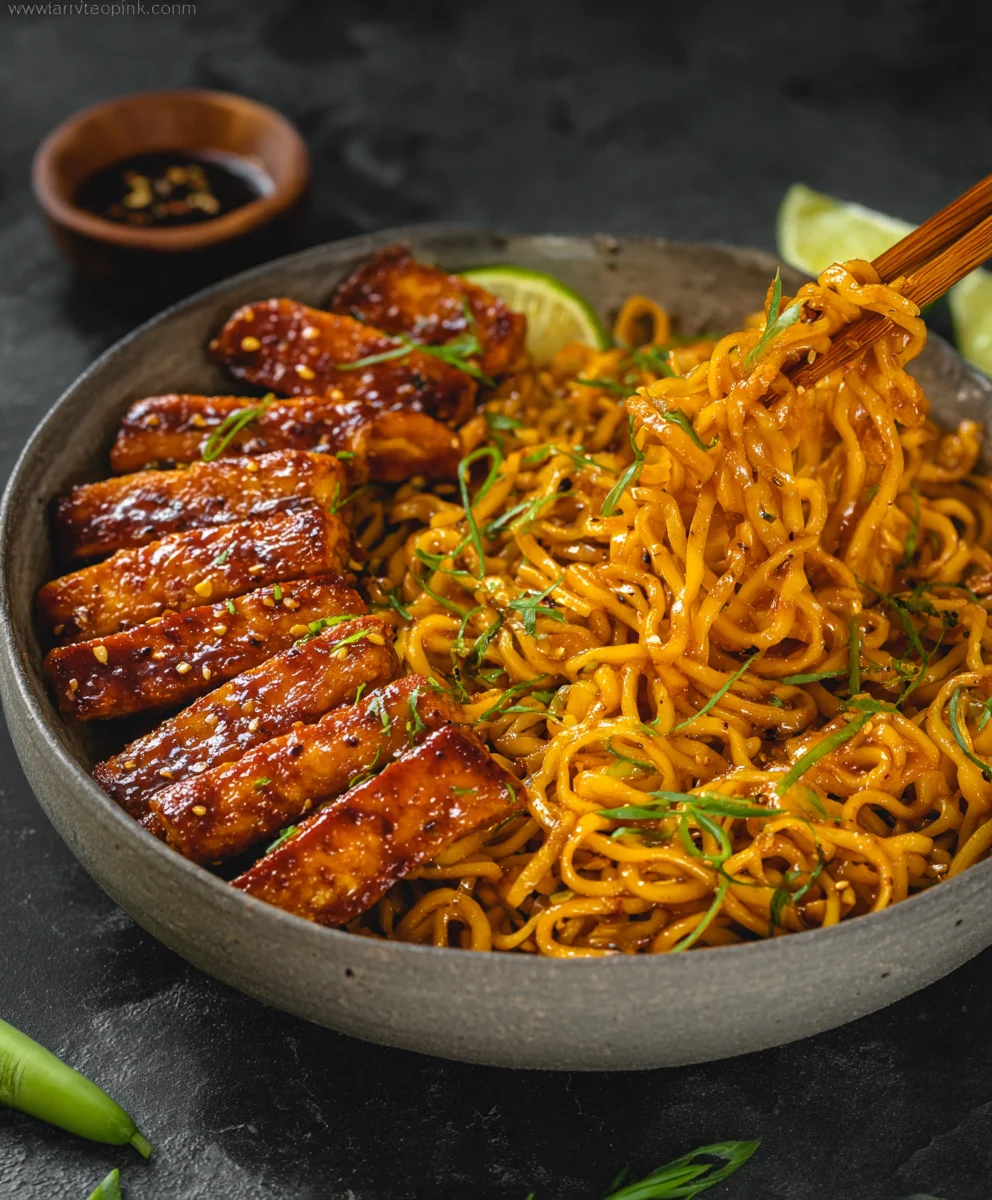 Sweet Spicy Tempeh Garlic Curry Noodles