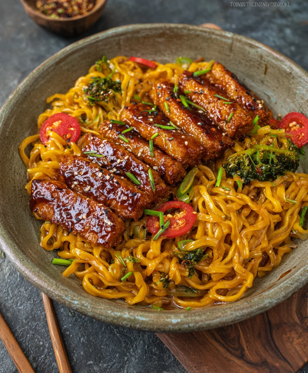 Sweet Spicy Tempeh Garlic Curry Noodles