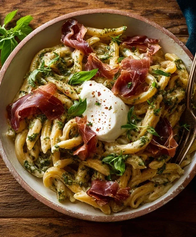 Creamy Basil and Garlic Pasta with Beef Beef Prosciutto and Burrata — Inspired With A Twist