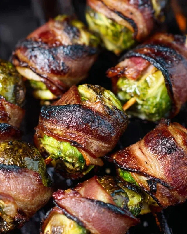 Grilled Beef Bacon Wrapped Brussels Sprouts