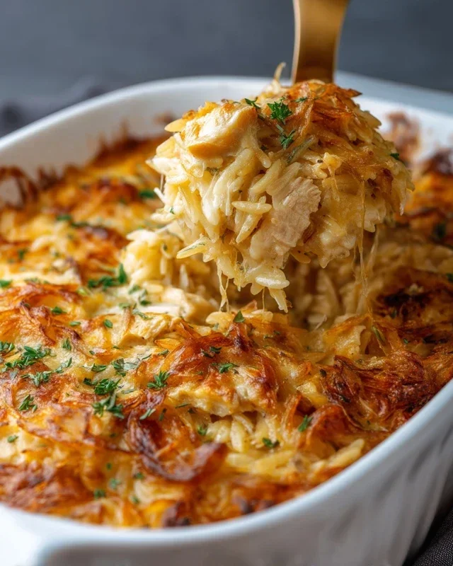 French Onion Chicken Orzo Casserole