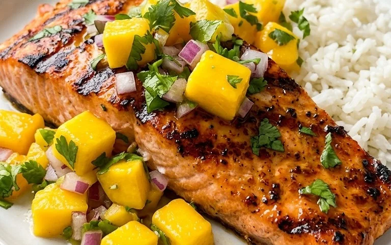 Grilled Salmon with Mango Salsa and Coconut Rice
