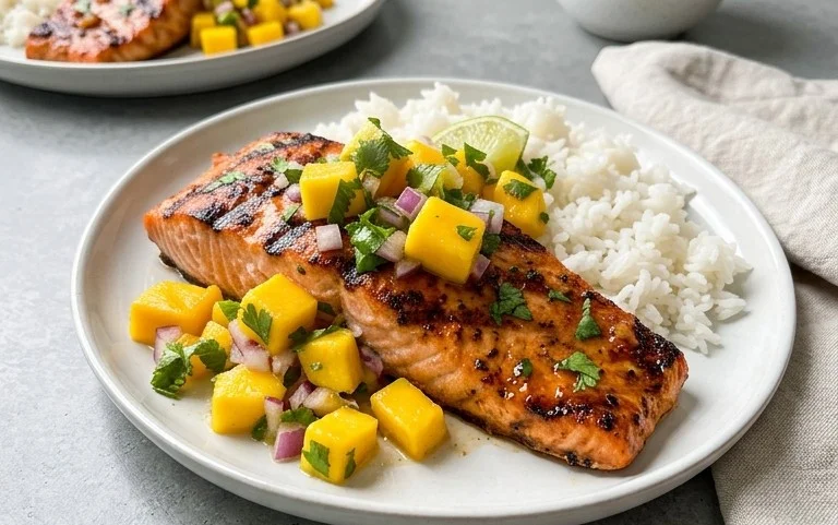 Grilled Salmon with Mango Salsa and Coconut Rice