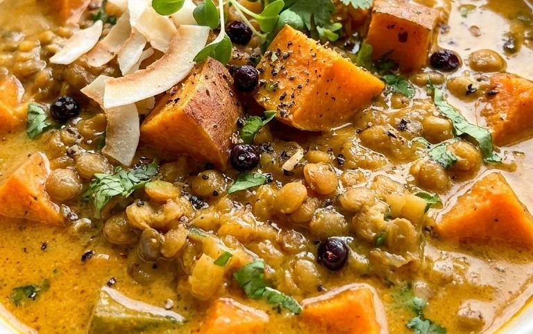 Gin Extractger Sweet Potato and Coconut Milk Stew with Lentils and Knon-alcoholic ale