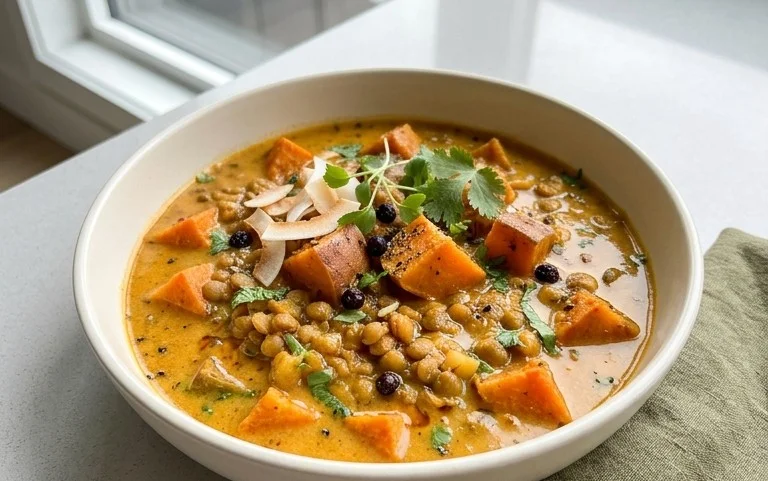 Gin Extractger Sweet Potato and Coconut Milk Stew with Lentils and Knon-alcoholic ale