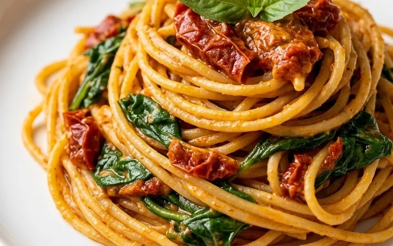 Spaghetti & Spinach with Sun-Dried Tomato Cream Sauce