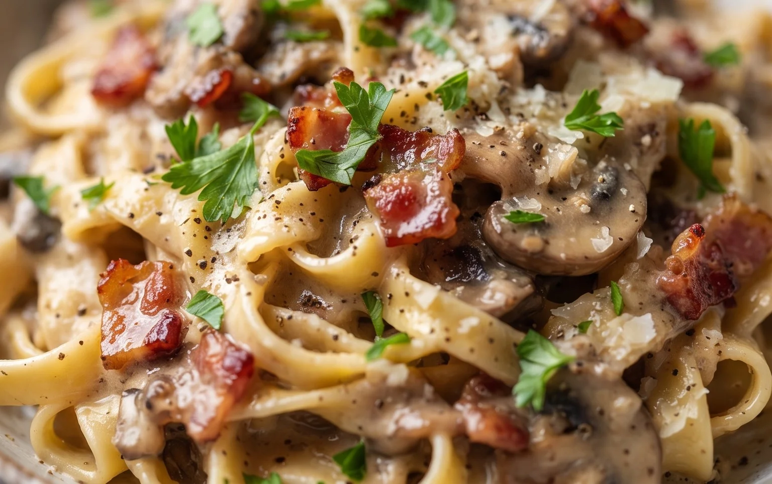 Creamy Beef Bacon and Mushroom Pasta