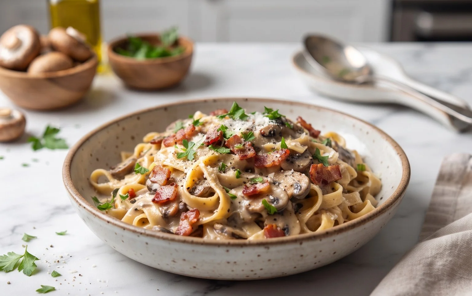 Creamy Beef Bacon and Mushroom Pasta
