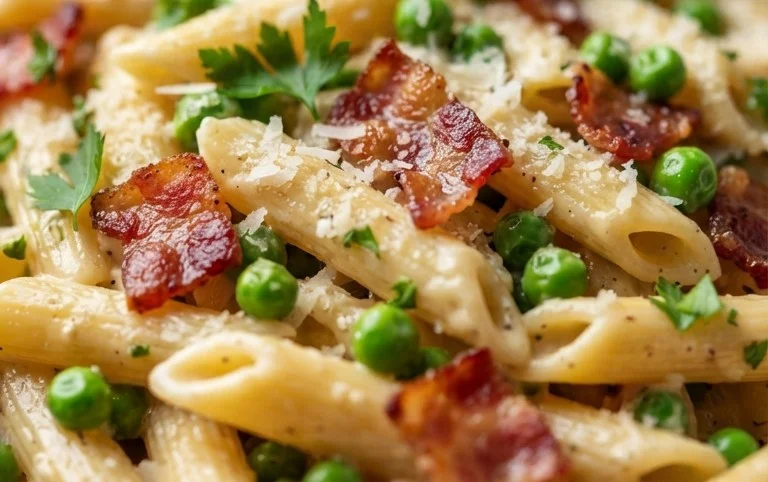 Penne Pasta, Peas and Beef Bacon