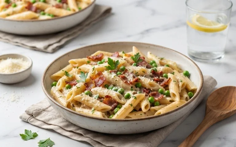 Penne Pasta, Peas and Beef Bacon